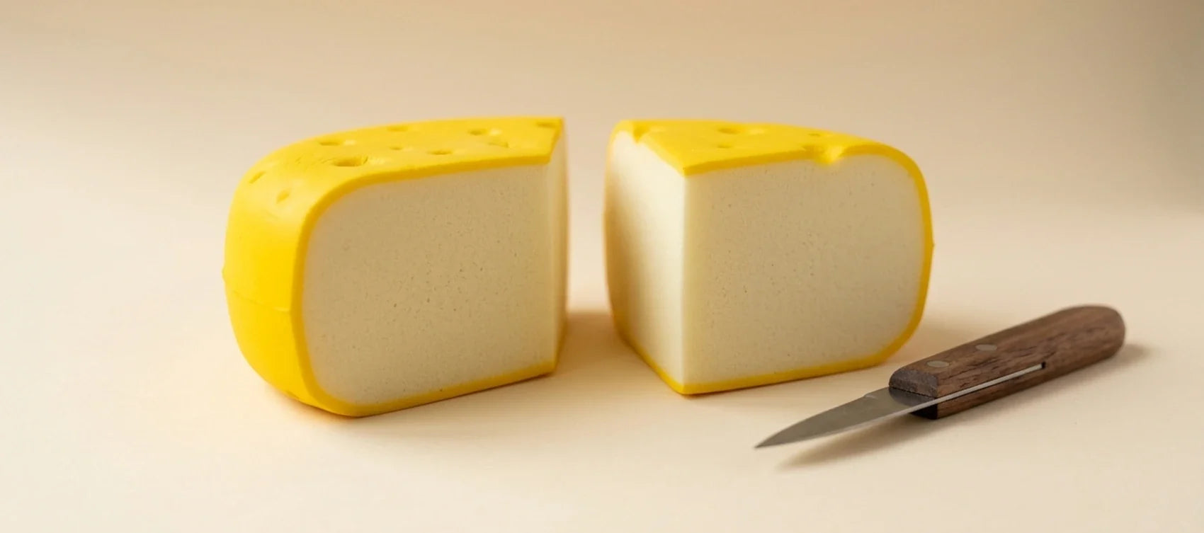 Cheese squishy cut open showing dense slow-rise foam all the way through, craft knife beside it