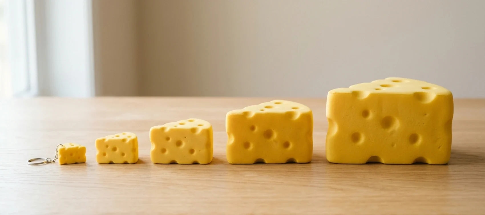 Cheese squishy toys lined up from keychain mini to large block, the size ladder that sets the price