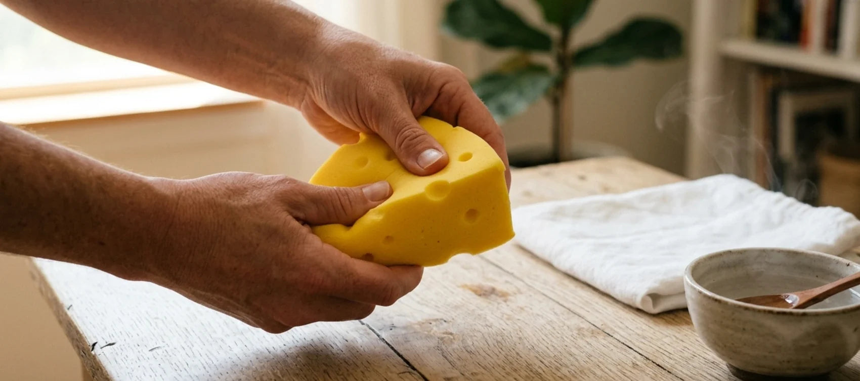 Hands warming a stiff cheese squishy over a desk to bring the slow-rise foam back