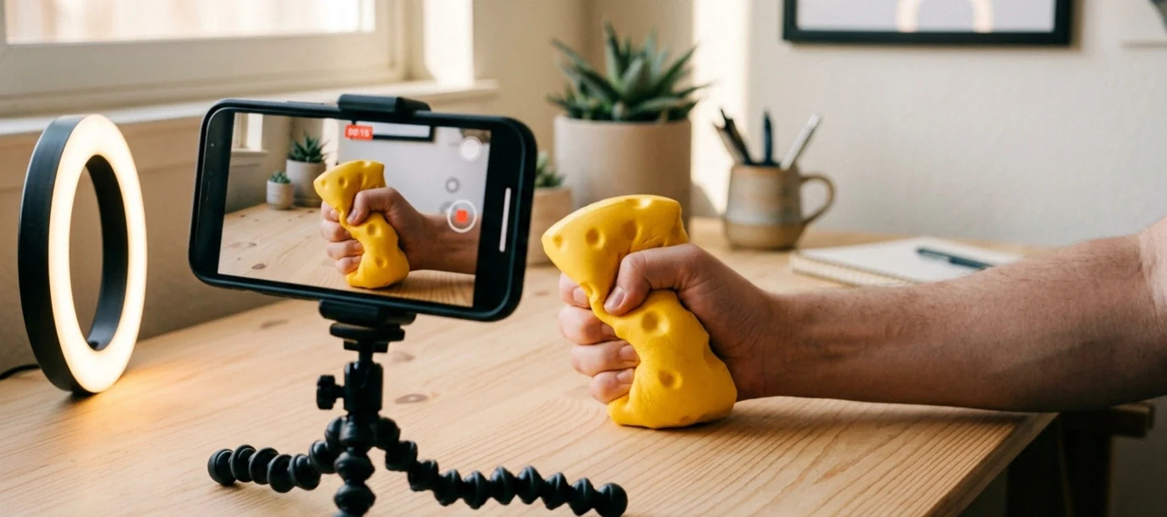 Phone on a tripod filming a hand squeezing a large cheese squishy, the clips that made it go viral