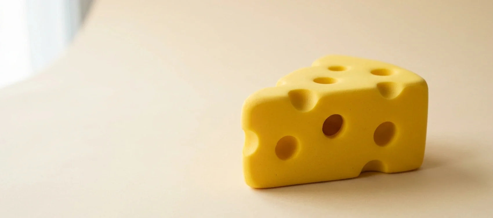 Yellow cheese squishy wedge with moulded holes, the shape people ask what is inside