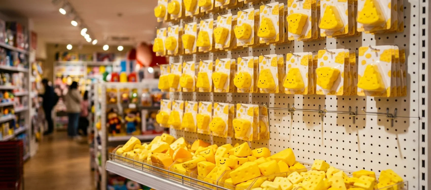 Shop shelf stocked with yellow cheese squishy toys, the kind you look for in store