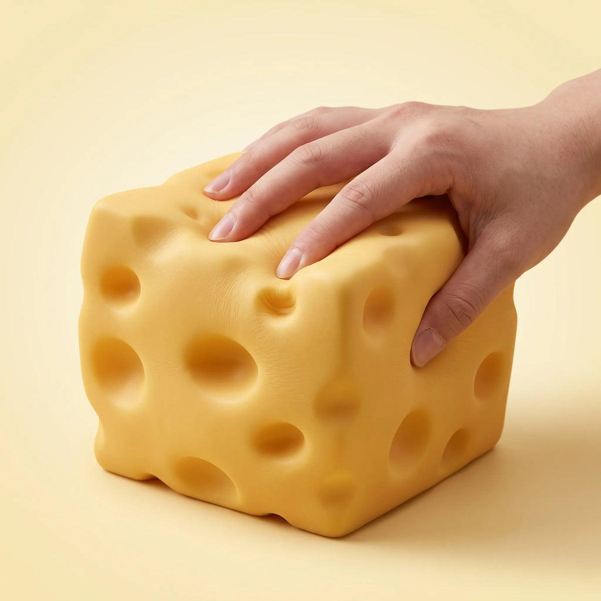 Hand pressing down on the top of the big cheese squishy
