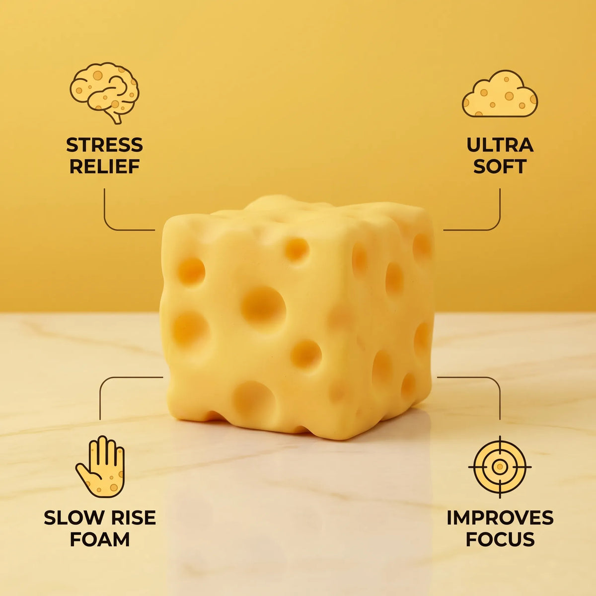 Big cheese squishy with callouts for stress relief, ultra soft, slow rise and focus