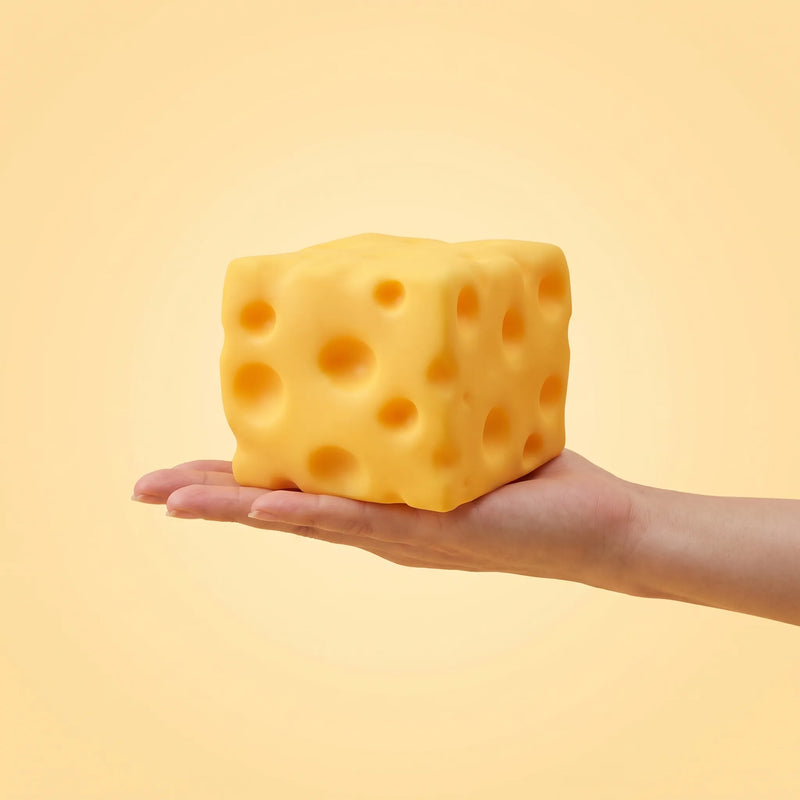 Big cheese squishy resting on an open hand to show its 10 cm size