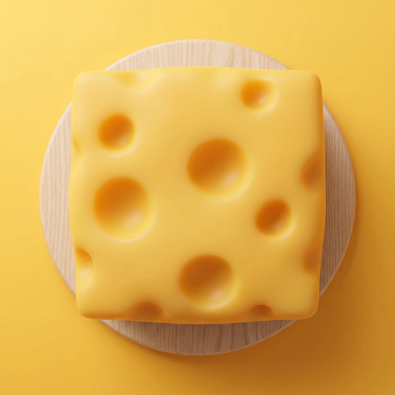 Big cheese squishy photographed from above on a round wooden board