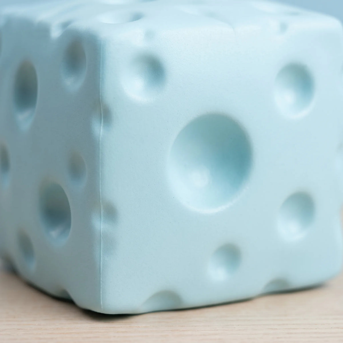 Macro view of the moulded holes and dense body of the blue cheese squishy block