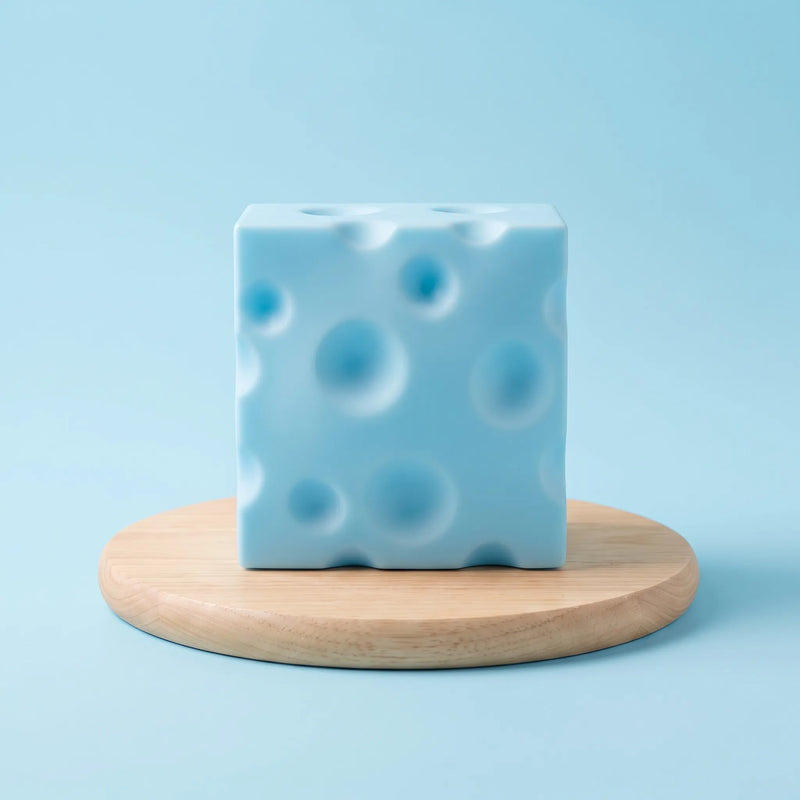 Cool blue cheese squishy block resting on a round wooden board
