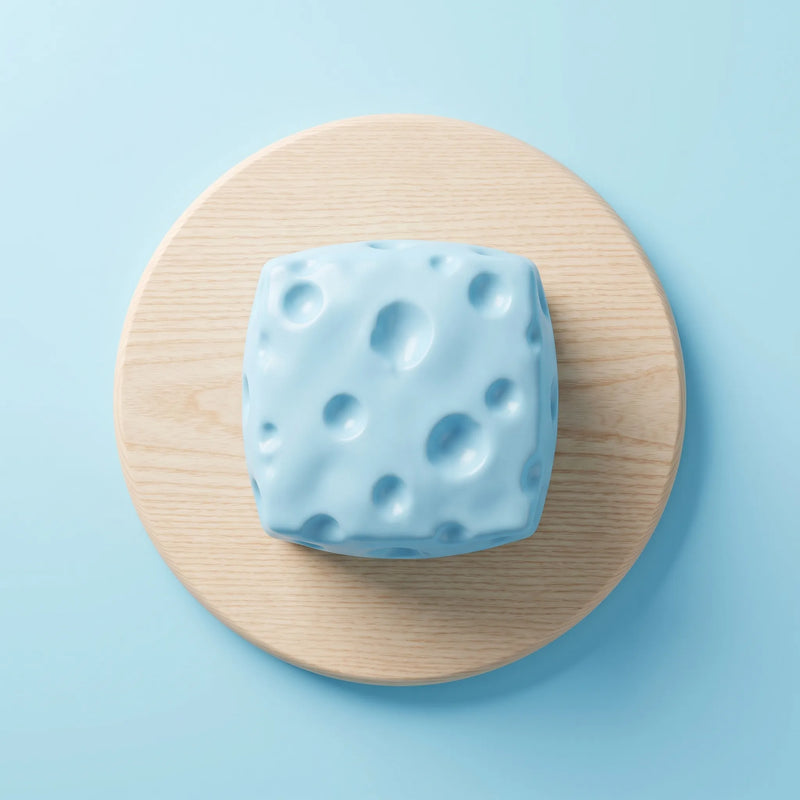 Blue cheese block squishy photographed from the front on a plain backdrop