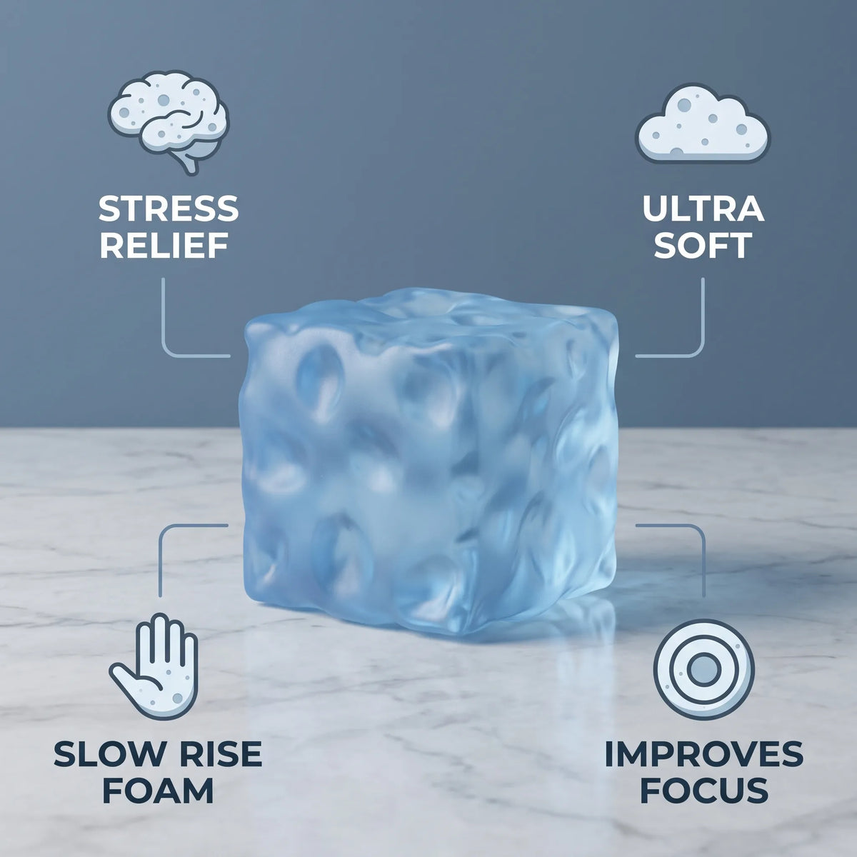 Clear blue cheese squishy cube with labels showing its size and slow rise