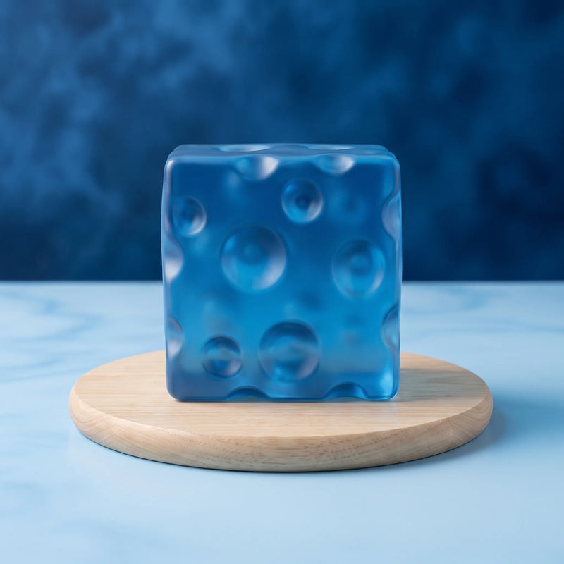 Clear blue cheese squishy cube resting on a round wooden board