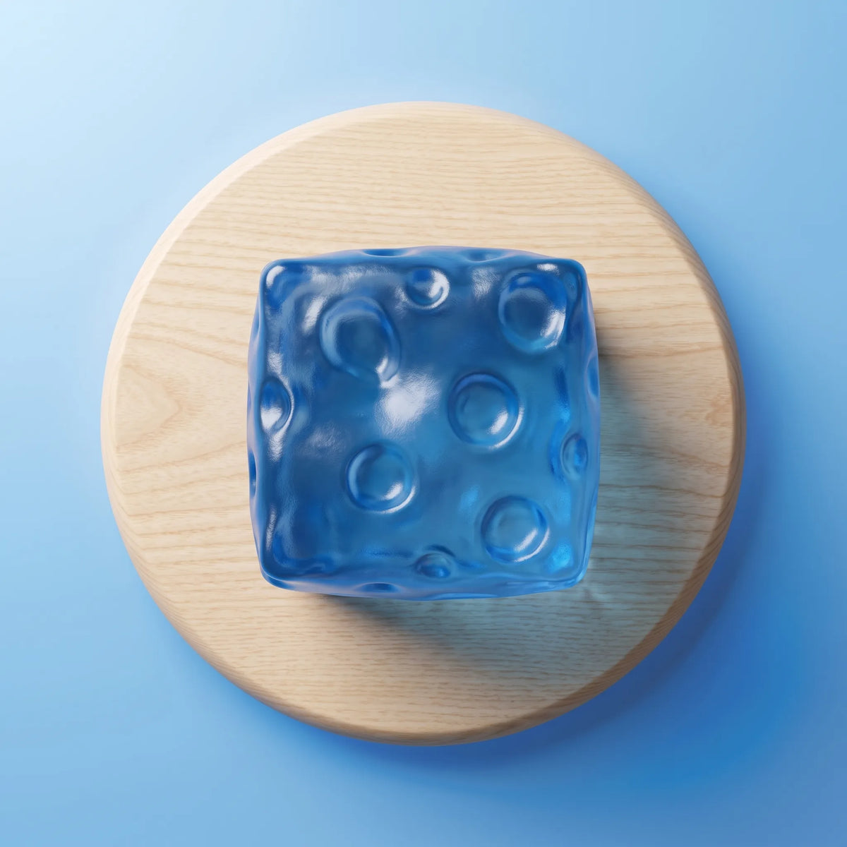 Blue-tinted cheese squishy cube photographed against a blue backdrop
