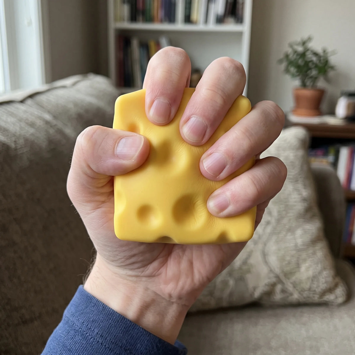 Adult hand pressing the cheese squishy toy flat between fingers