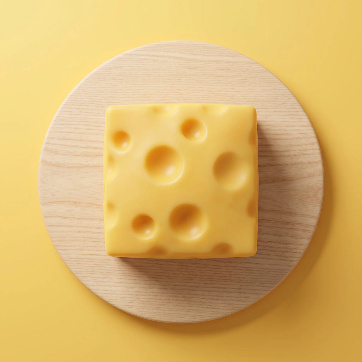 Cheese squishy toy photographed against a plain yellow studio background