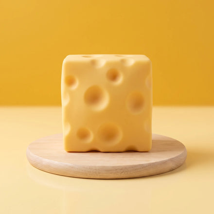 Yellow cheese squishy toy resting on a round wooden board