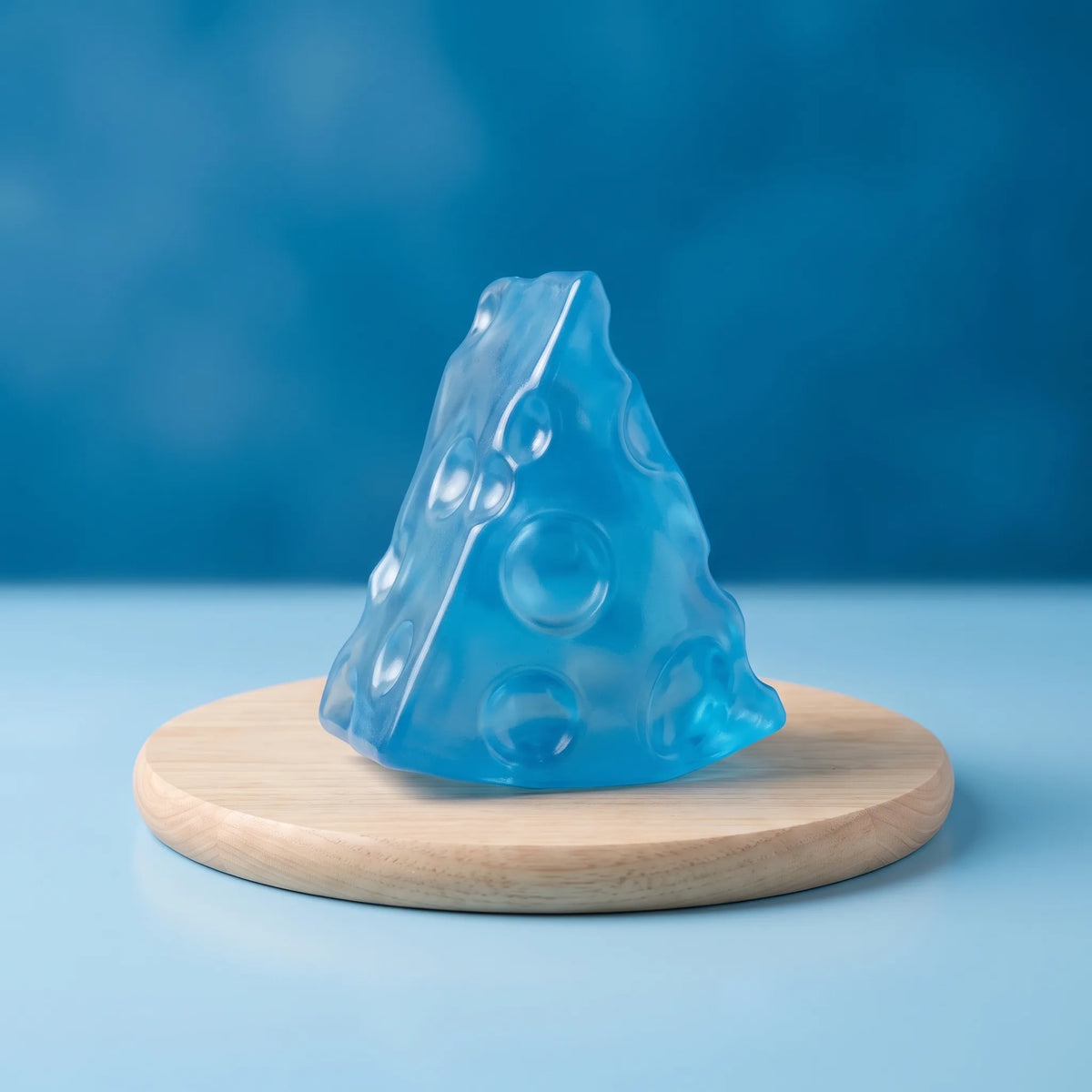Ice blue cheese squishy wedge standing on a round wooden board