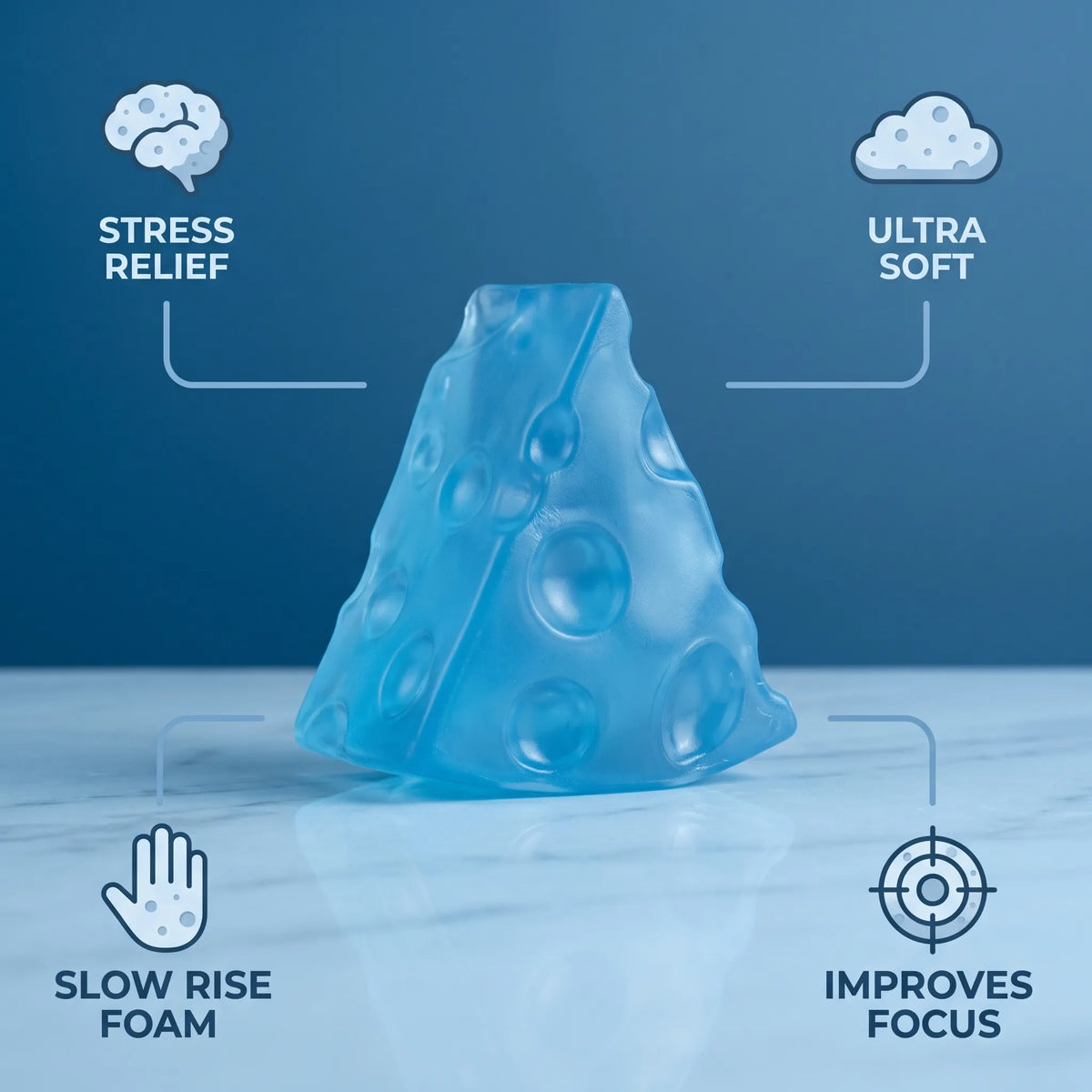 Ice blue cheese squishy wedge with labels showing its size and slow rise