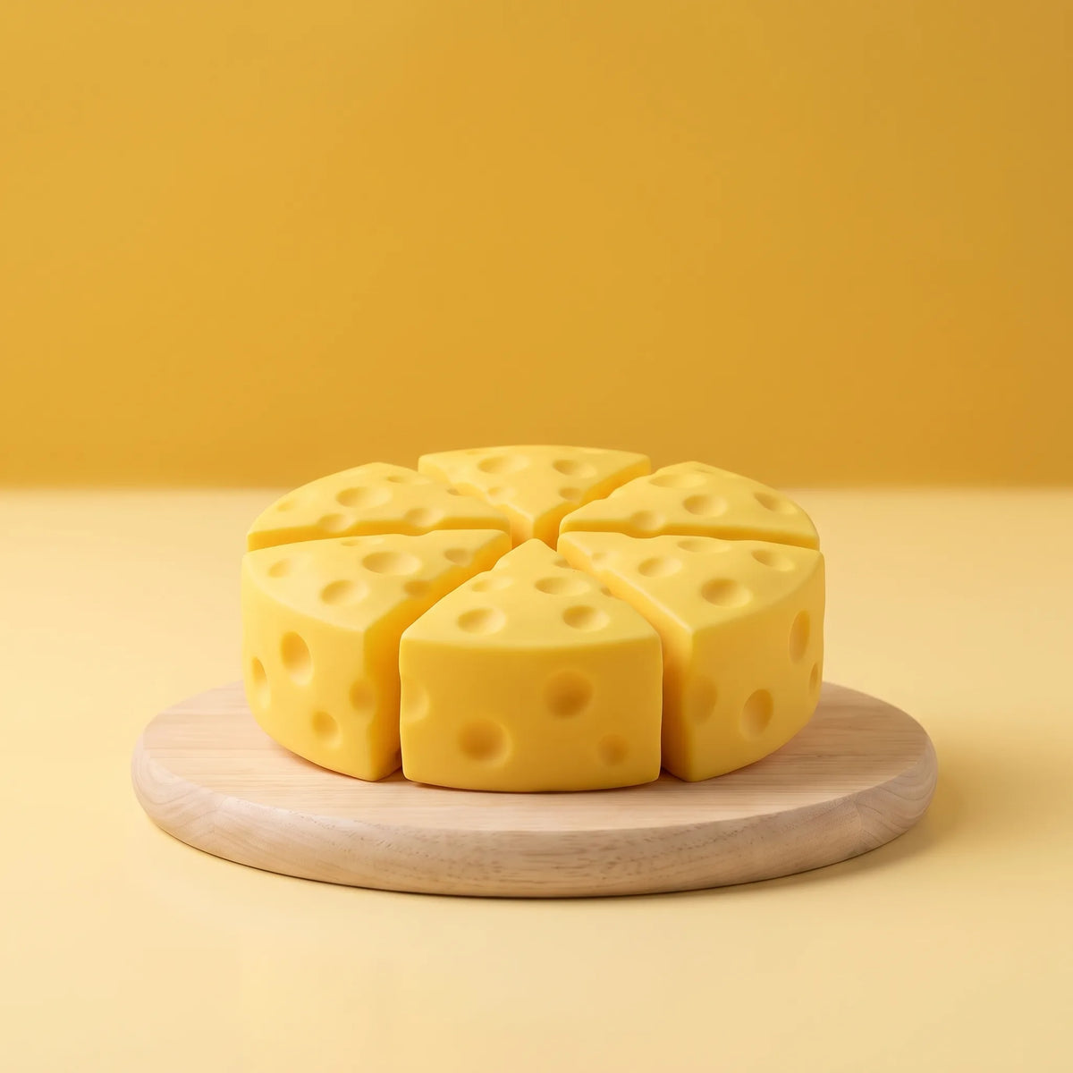 Cheese squishy wedge set of six arranged on a round wooden board
