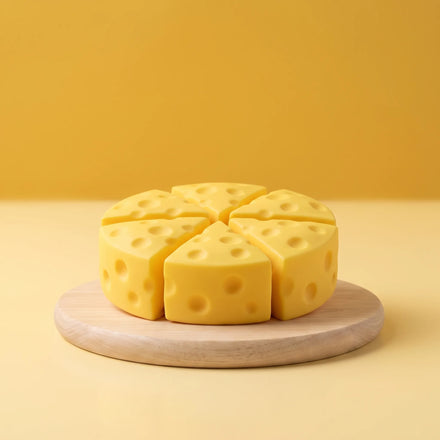 Cheese squishy wedge set of six arranged on a round wooden board