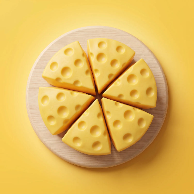 Six cheese squishy wedges photographed together against a plain backdrop
