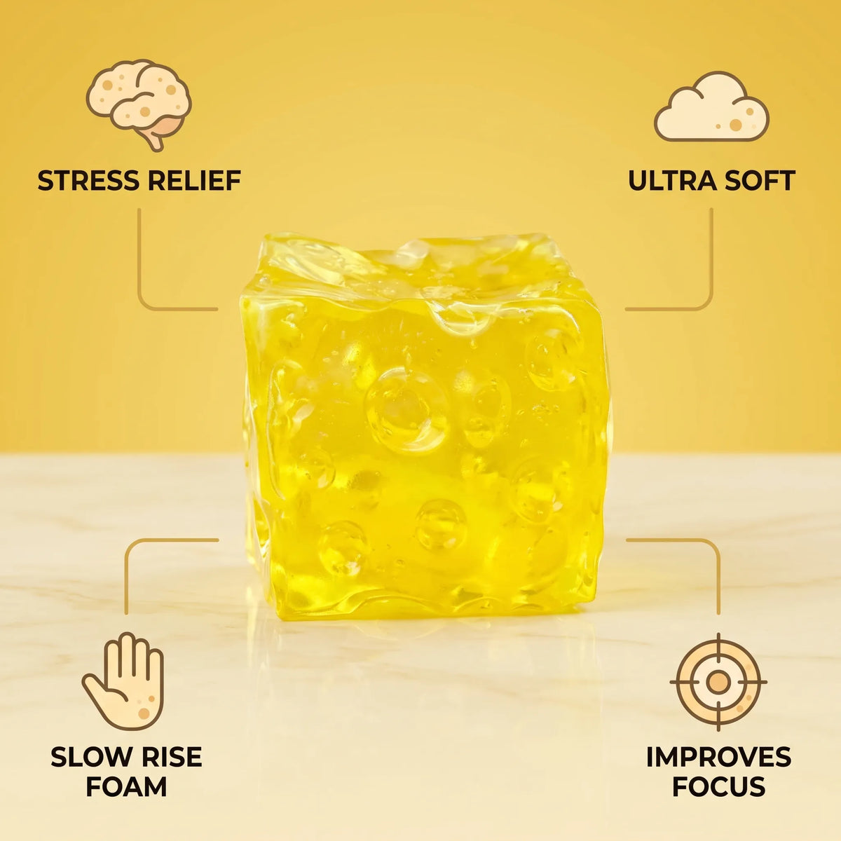 Clear cheese squishy block with callouts for size and material