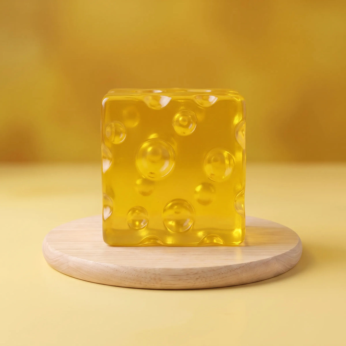 Clear honey yellow cheese squishy block on a wooden surface