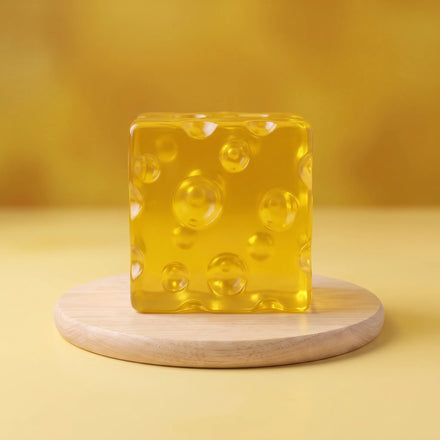 Clear honey yellow cheese squishy block on a wooden surface