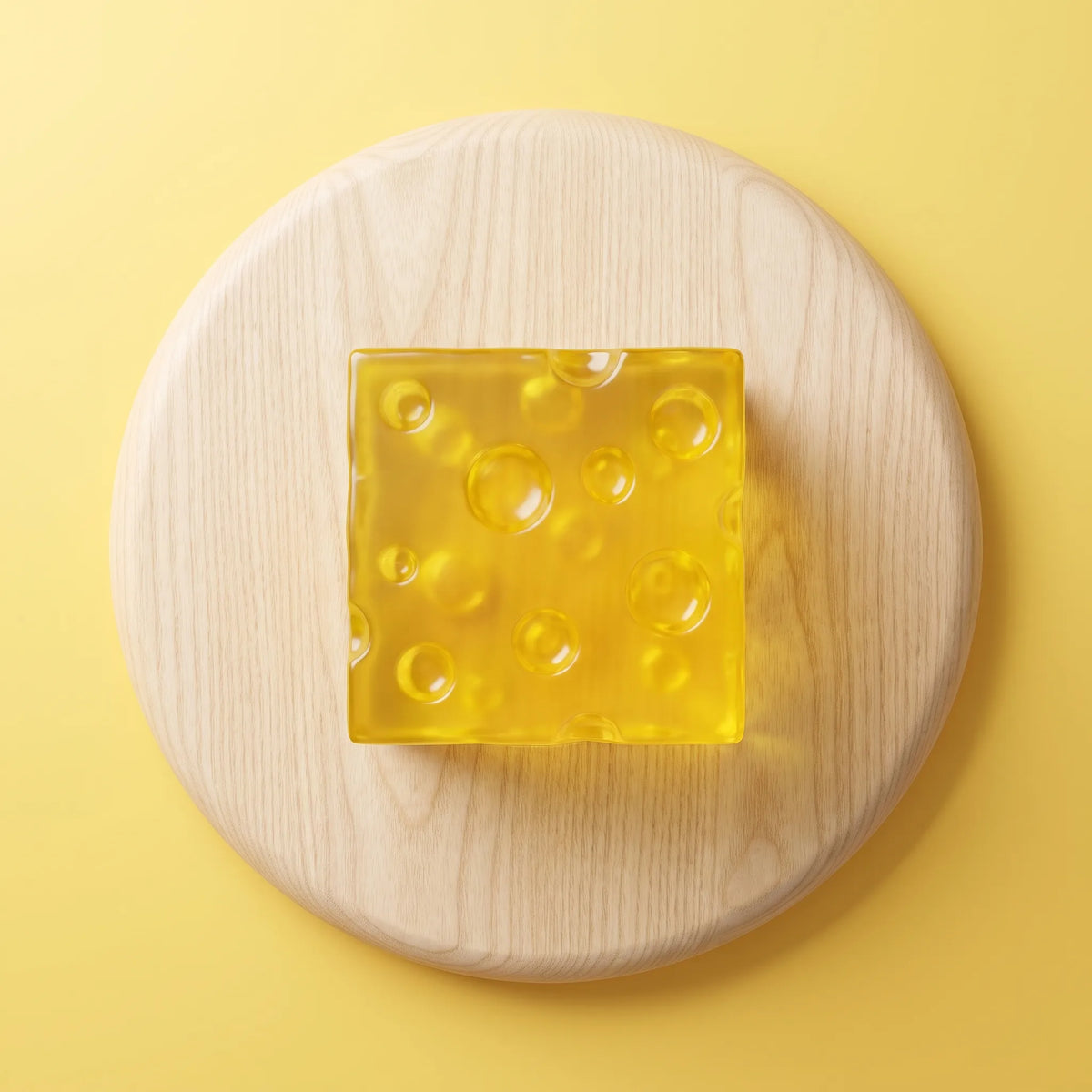 Translucent amber cheese squishy block photographed against a soft backdrop