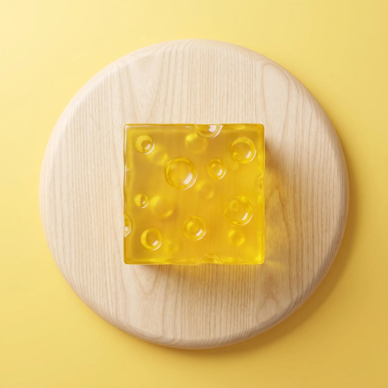 Translucent amber cheese squishy block photographed against a soft backdrop