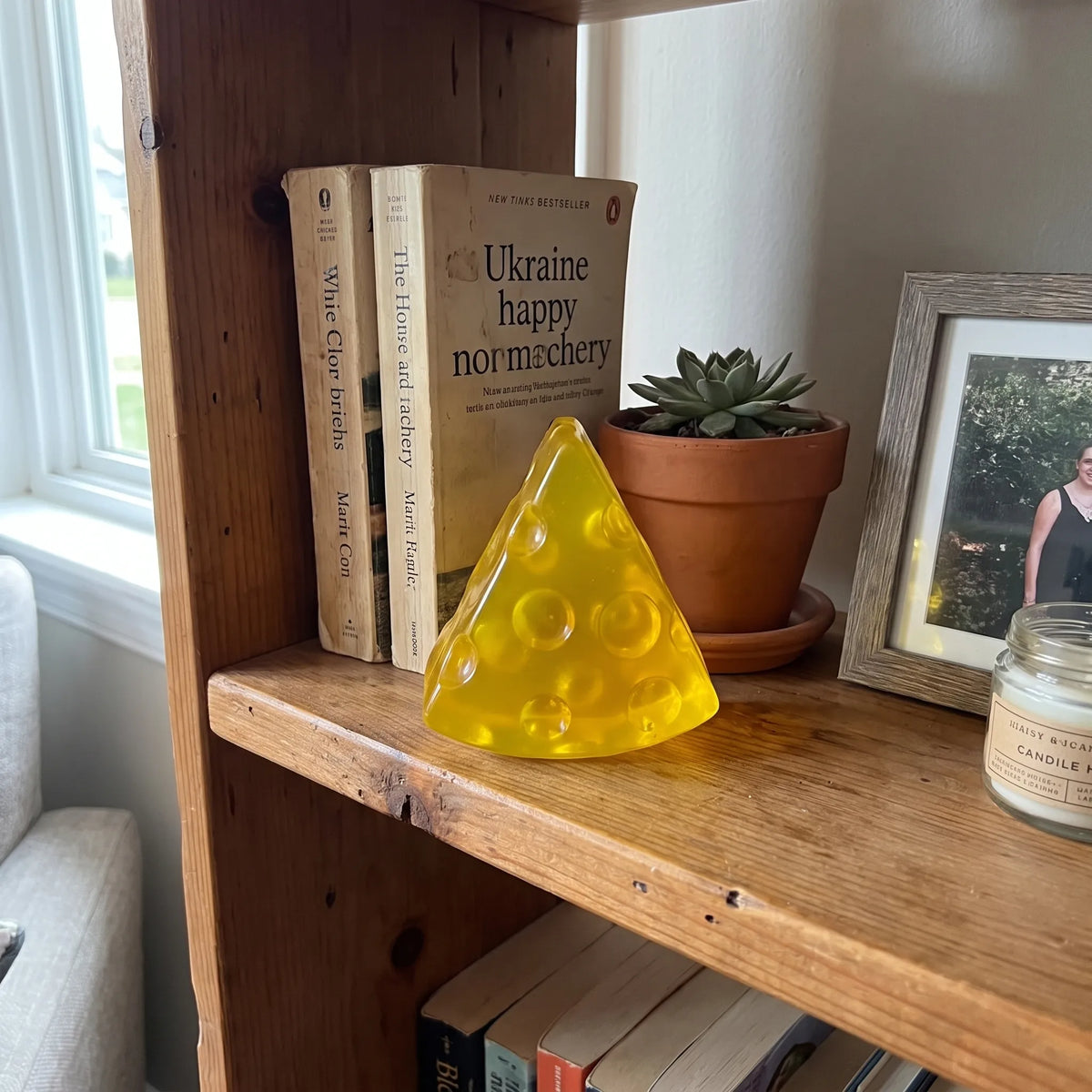 Clear cheese squishy wedge displayed on a wooden shelf at home
