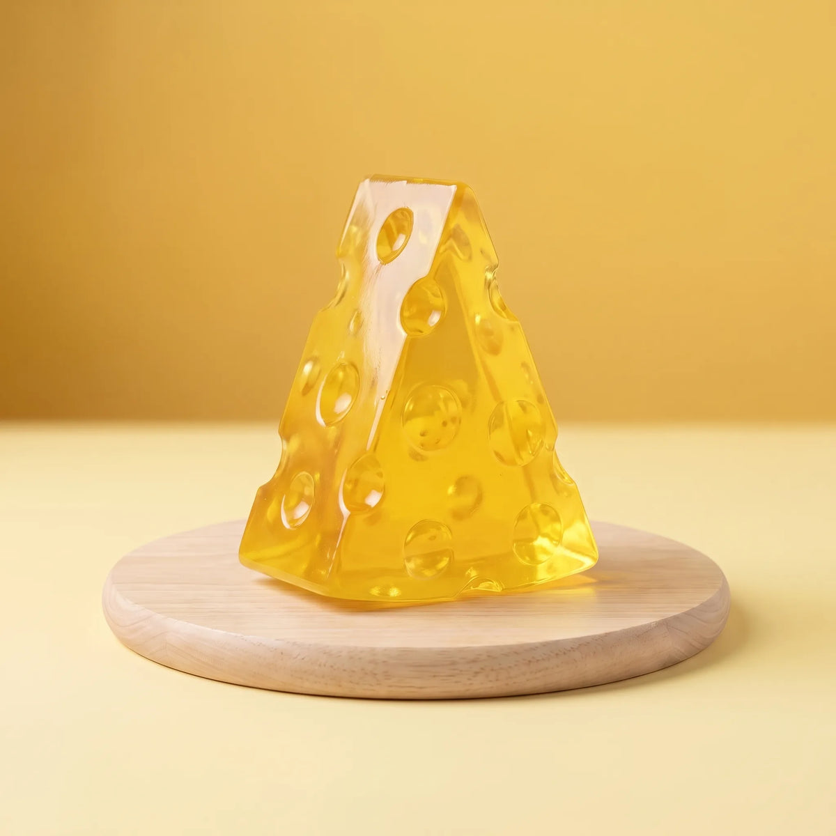 Clear cheese squishy wedge standing on a round wooden board