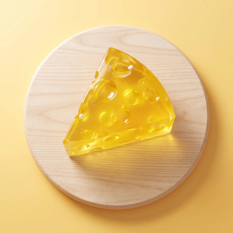 Translucent cheese squishy wedge photographed from the front on a plain backdrop