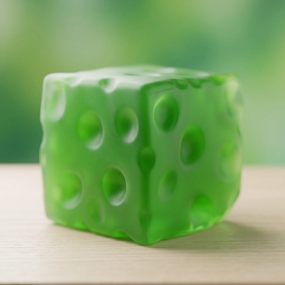 Close-up of the moulded holes in the clear green cheese squishy cube