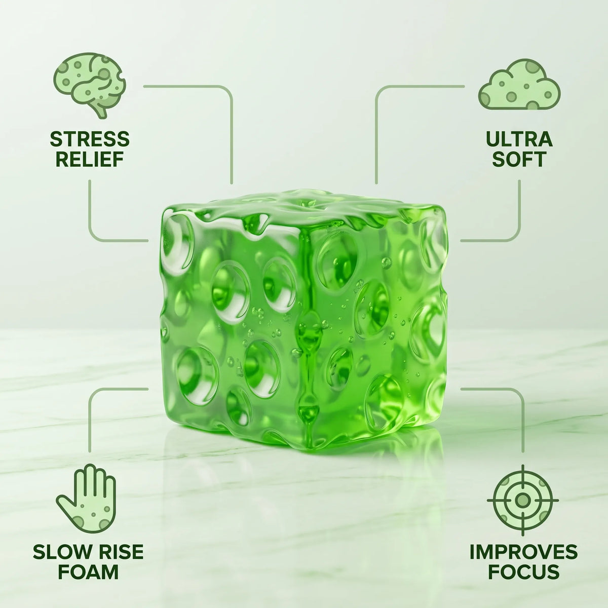 Clear green cheese squishy cube with labels showing its two sizes