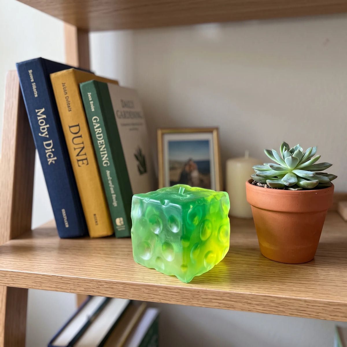 Clear green cheese squishy cube displayed on a wooden shelf