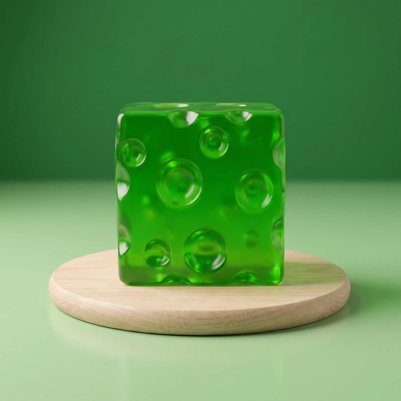 Clear green cheese squishy cube resting on a round wooden board