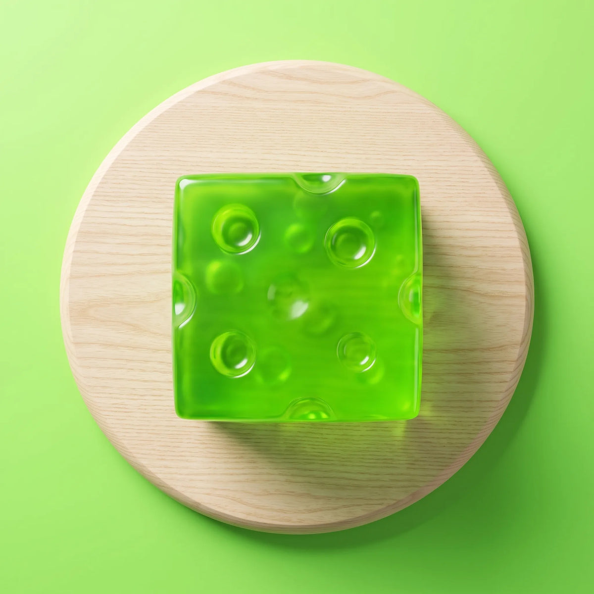 Glass-green cheese squishy cube photographed against a green backdrop
