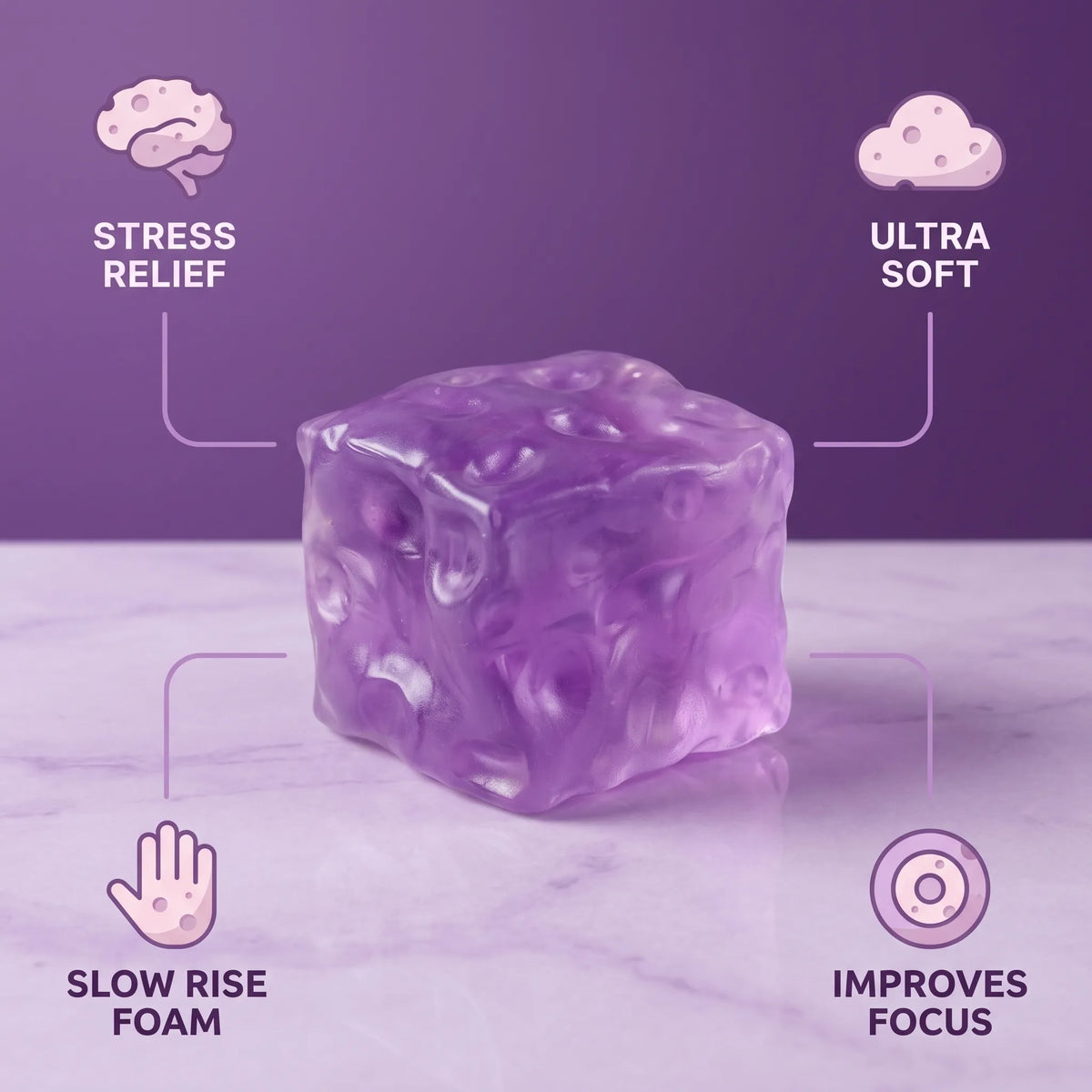 Clear purple cheese squishy cube with labels showing its size and slow rise