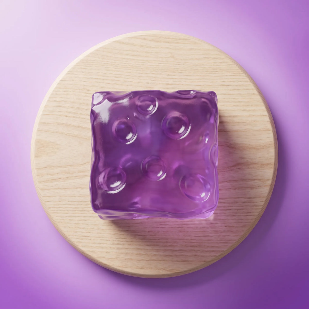 Violet cheese squishy cube styled in a soft home setting
