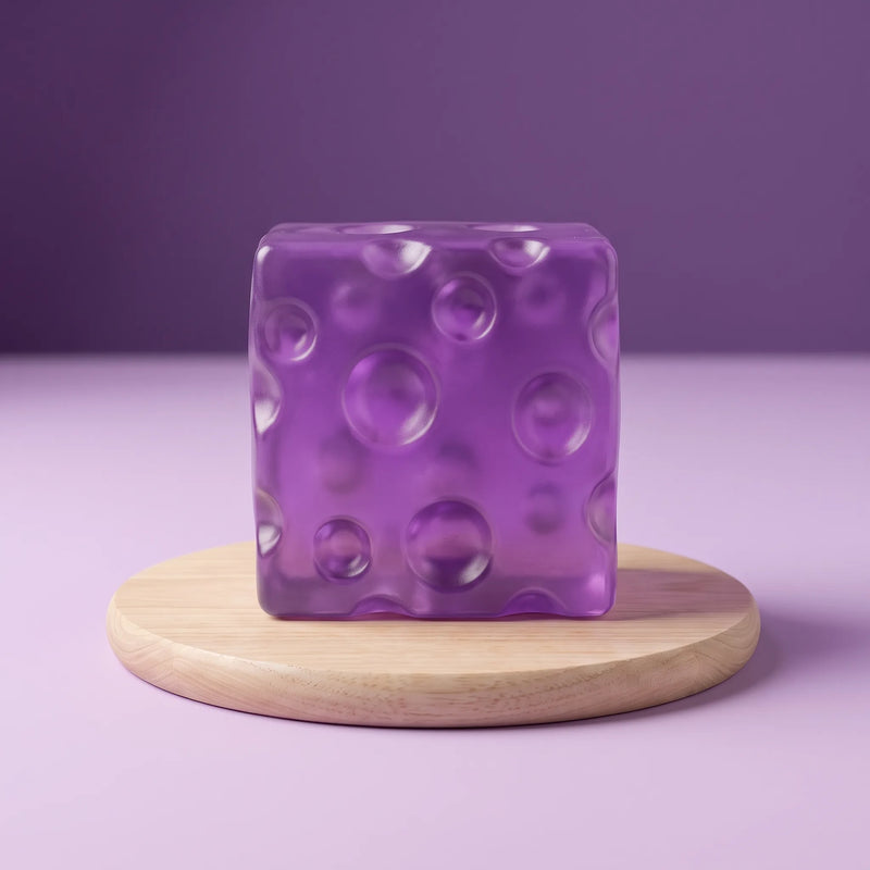 Clear purple cheese squishy cube resting on a round wooden board