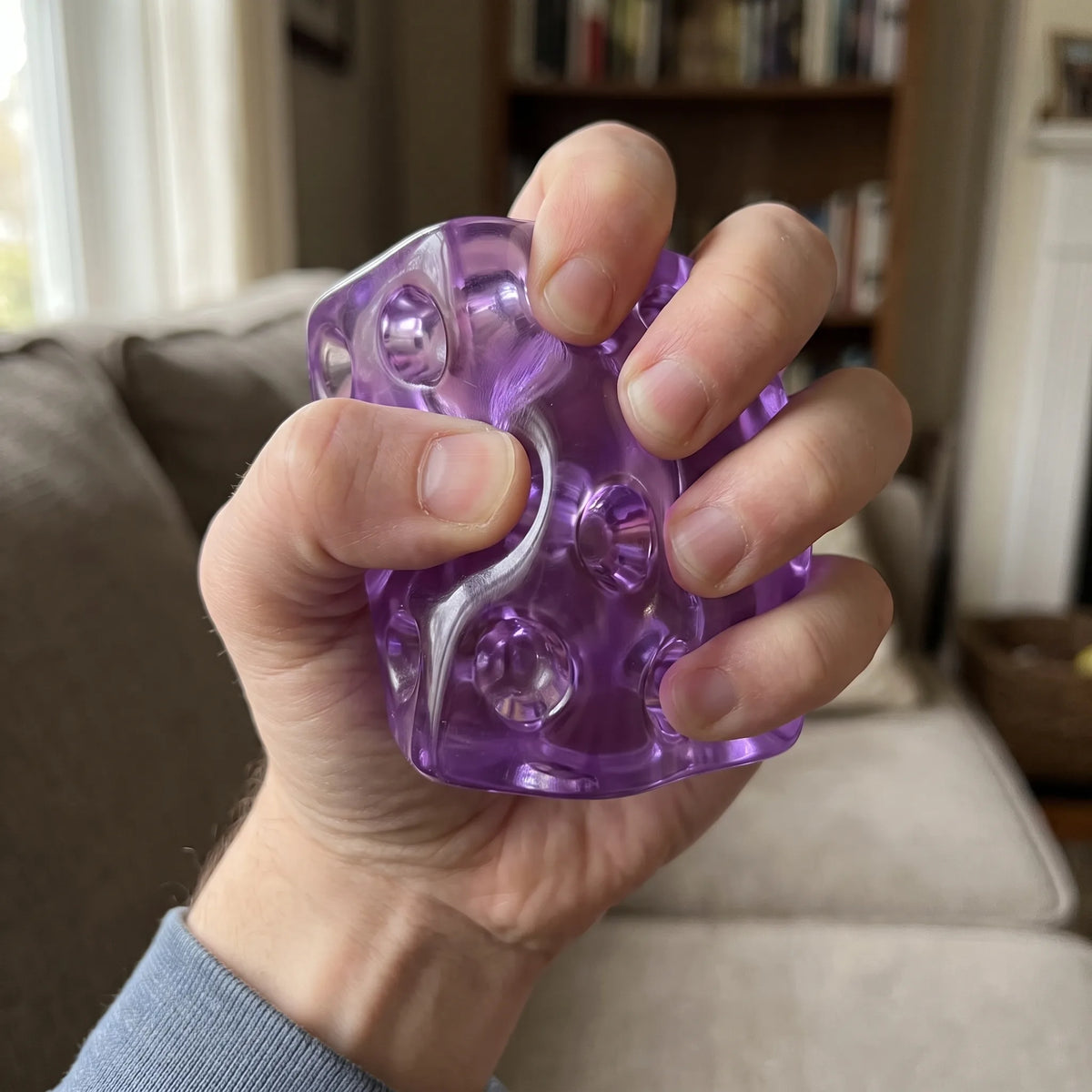 Adult hand pressing the clear purple cheese squishy cube flat