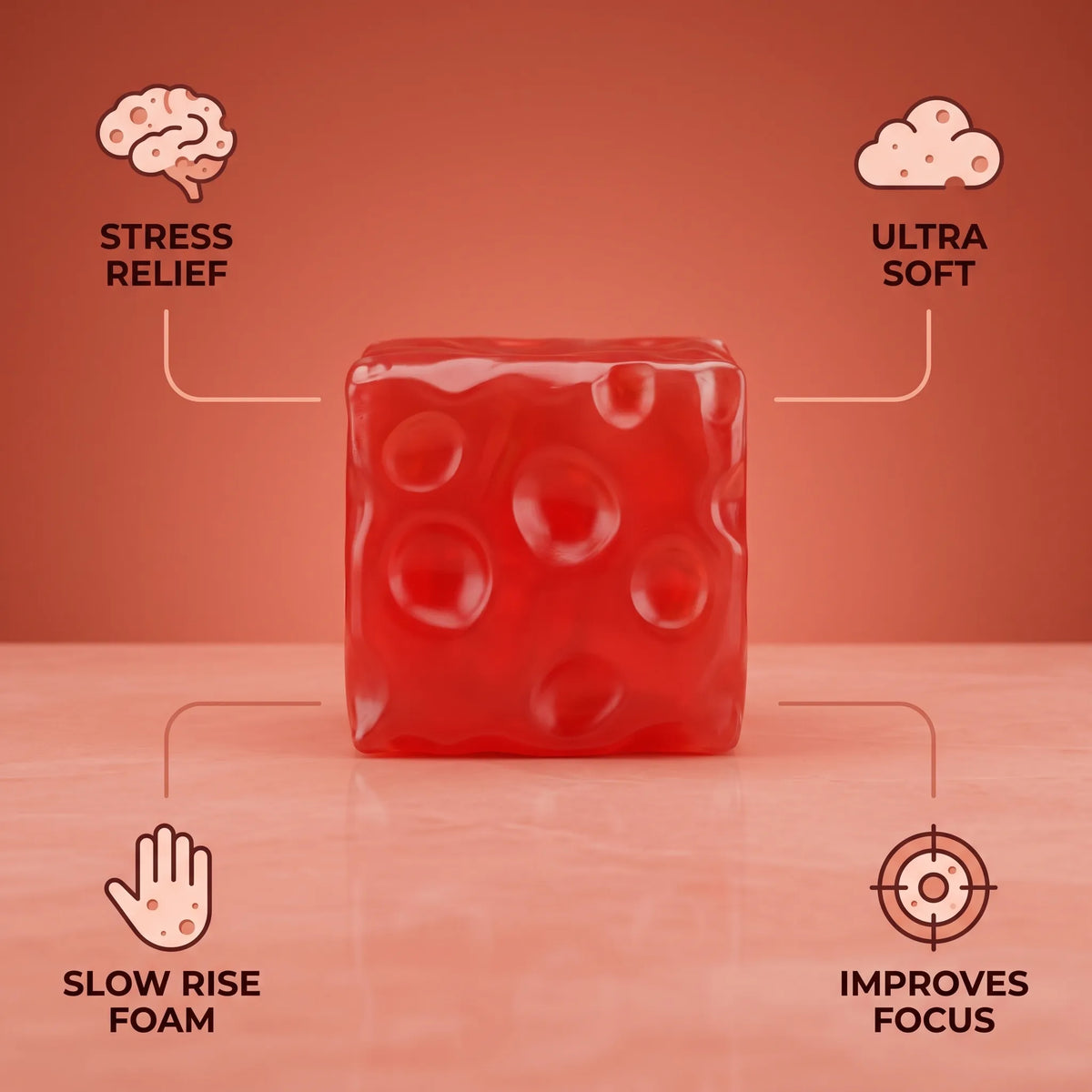 Clear red cheese squishy cube with labels showing its size and slow rise