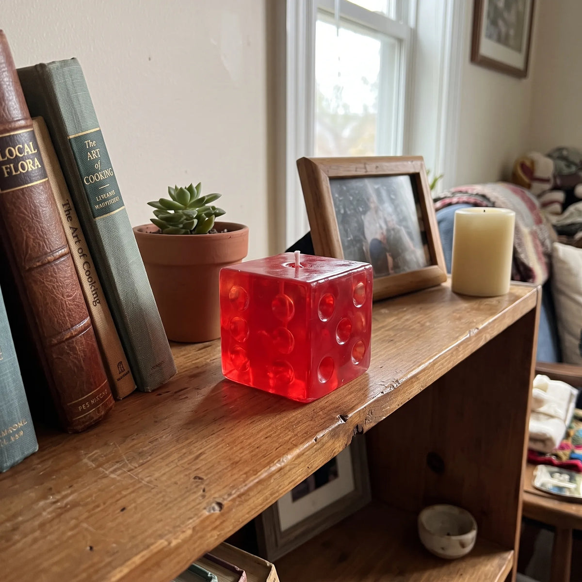 Clear red cheese squishy cube styled in a home setting