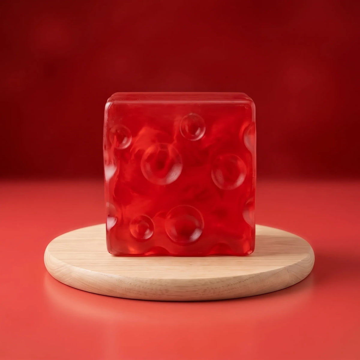 Clear red cheese squishy cube photographed in a studio against a red backdrop