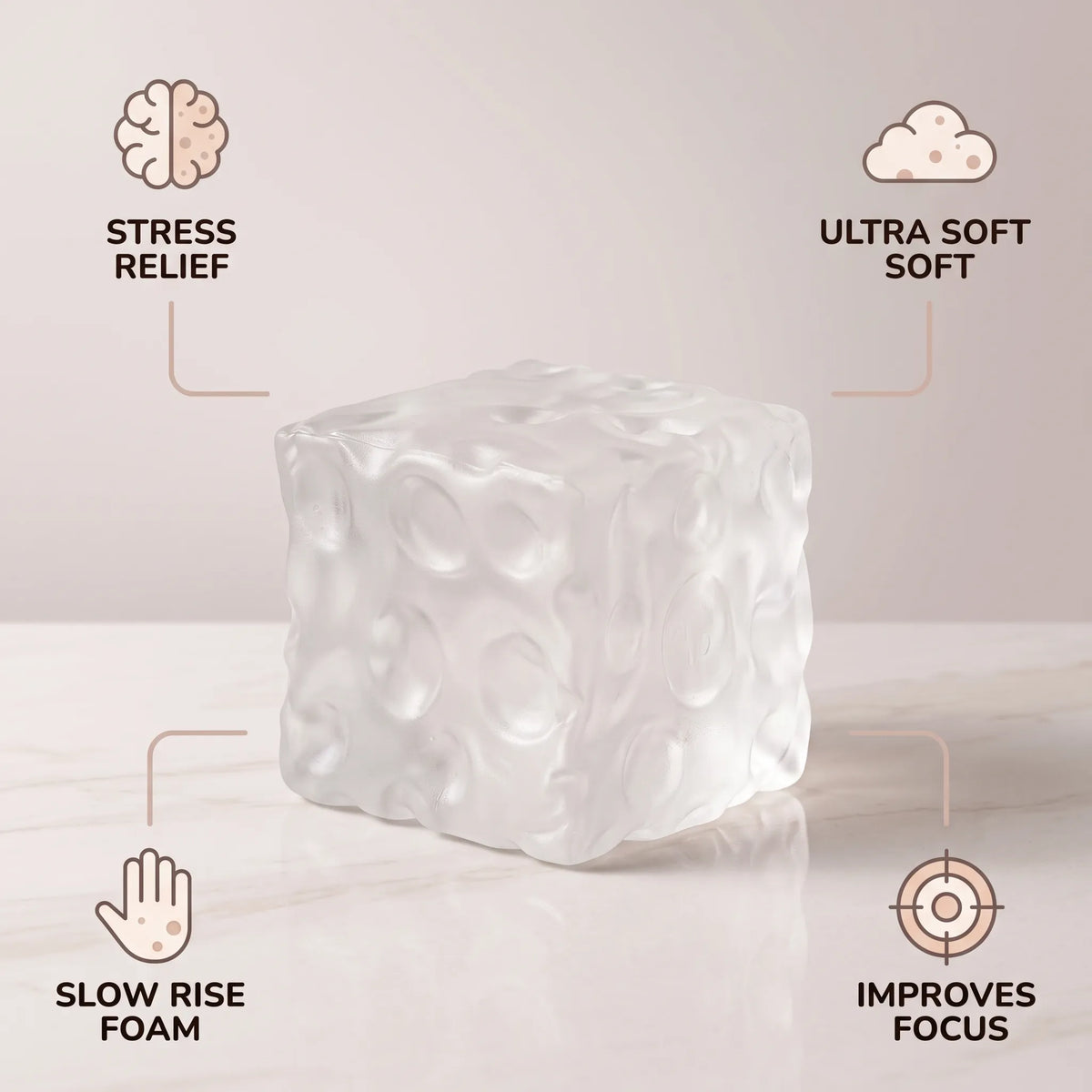 Clear cheese squishy cube with labels showing its two sizes