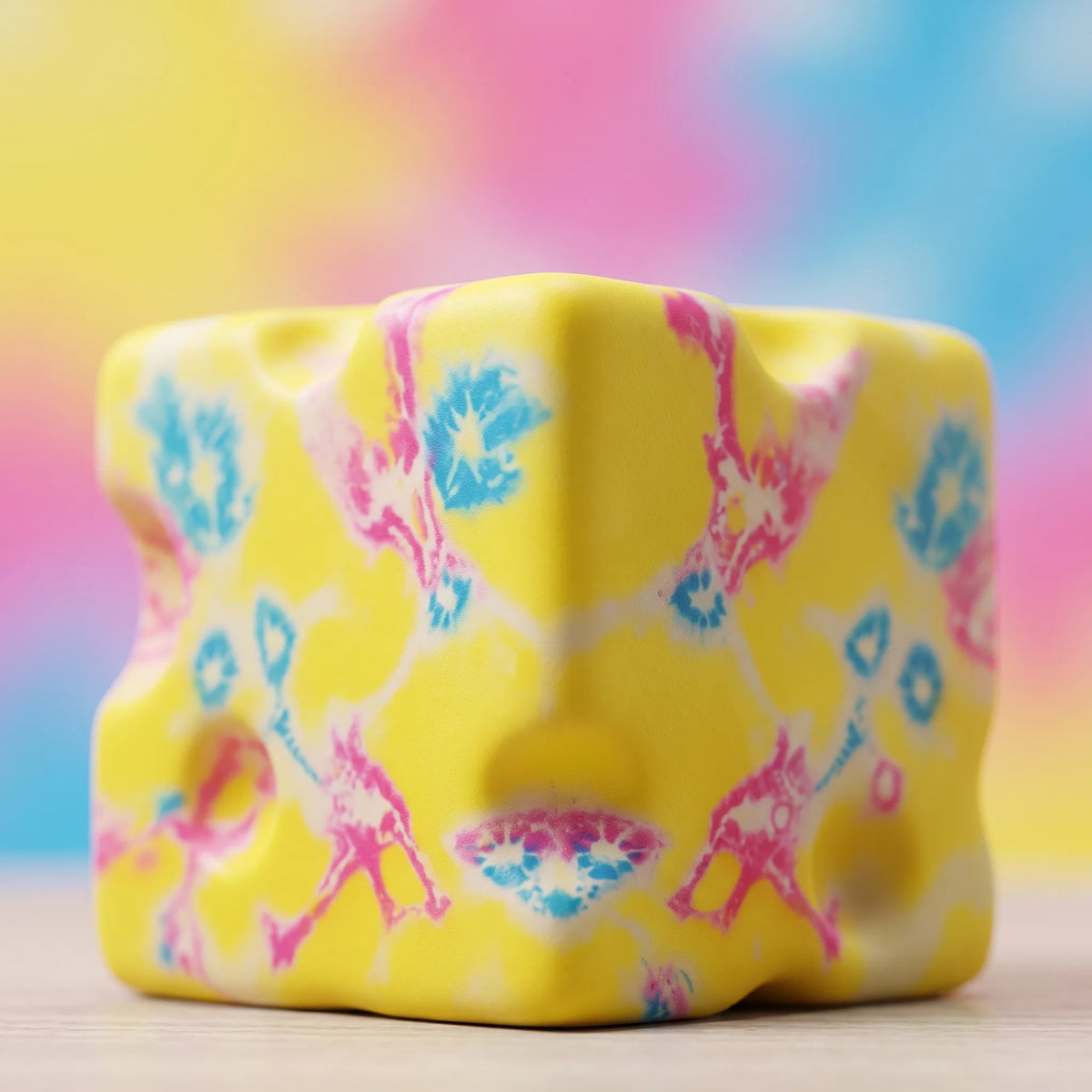 Close-up of the flower print around the moulded holes of the yellow cheese squishy