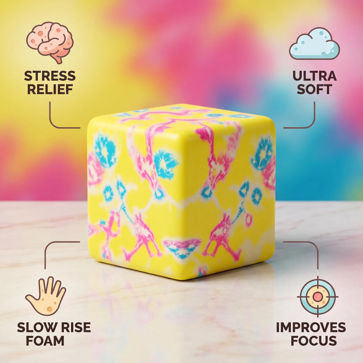 Flower yellow cheese squishy block with callouts for size and slow rise