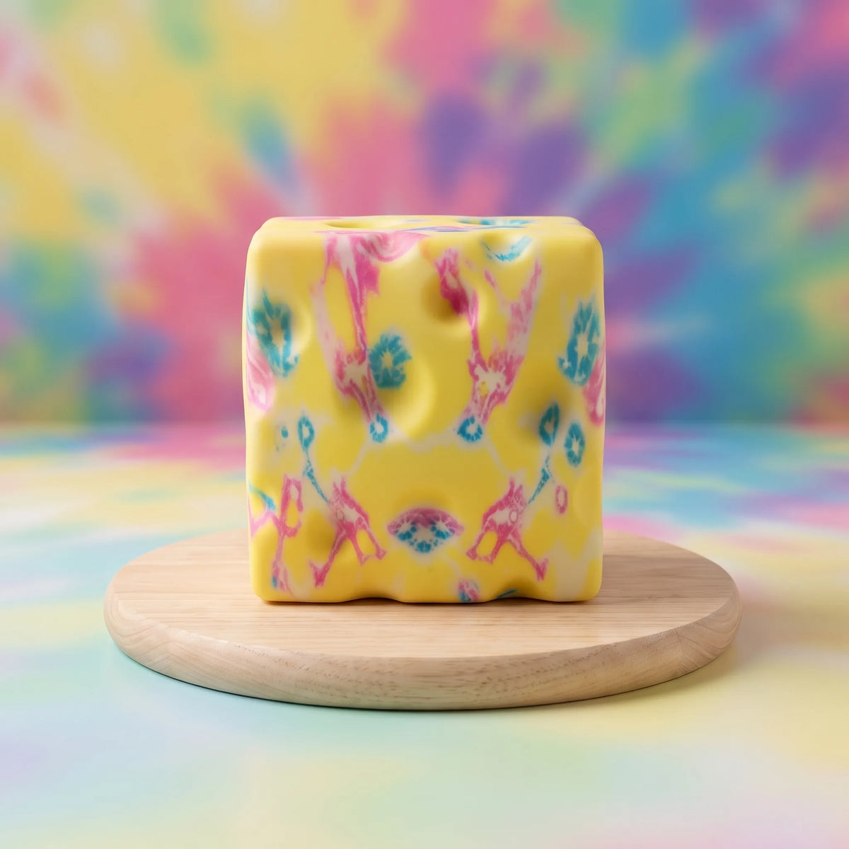 Flower yellow cheese squishy block on a wooden board