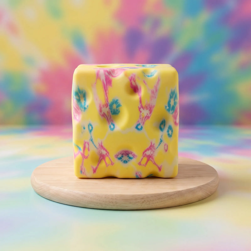 Flower yellow cheese squishy block on a wooden board