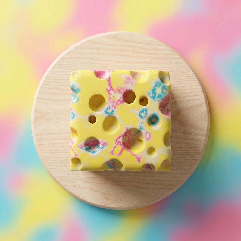 Yellow cheese squishy block with a floral print photographed on a plain backdrop